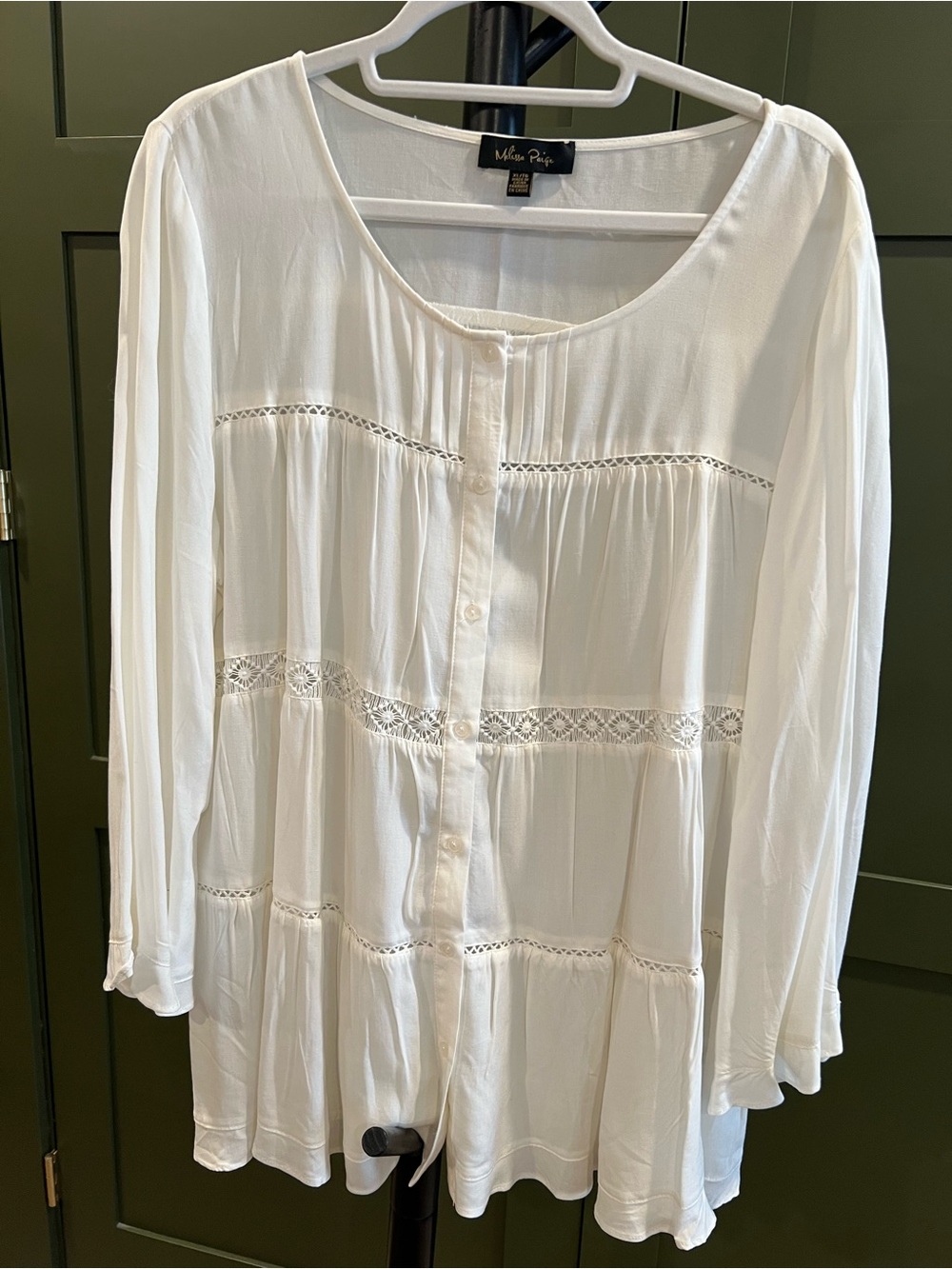 Cream and Lace Button-Front Boho Peasant Top with Bell Sleeves